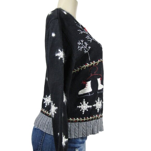 CHRISTMAS XMAS HOLIDAY SKATES REINDEER SNOWFLAKES WINTER SCENE SWEATER  ZIP L - Picture 4 of 12